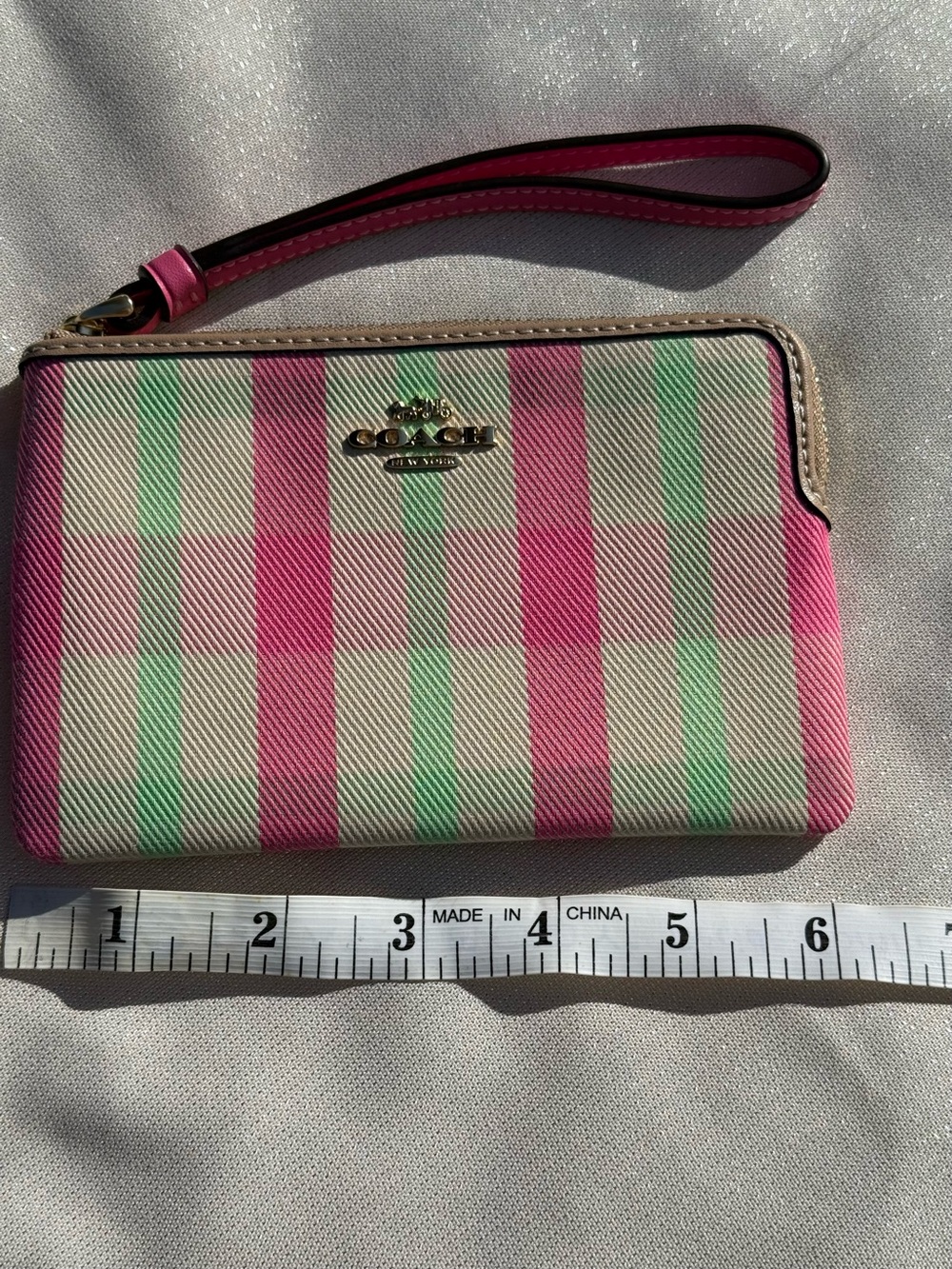 Coach Pink and Mint Stripe Wristlet Clutch with Gold Logo - Picture 2 of 5